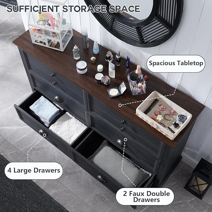 Farmhouse 6 Drawers Dresser for Bedroom, 58" Wide Dresser Chest of Drawers Organizer Storage, Wood Rustic for Closet w/Two Different Drawer Sizes for Living Room, Hallway, Dark Grey