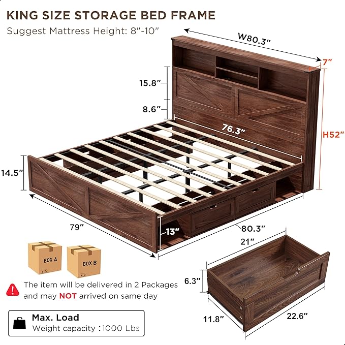 ACCOHOHO King Bed Frame with 52" Tall Headboard and 4 Drawers,LED Light,Charging Station,Solid Wood Slats Support,No Box Spring Needed,Brown