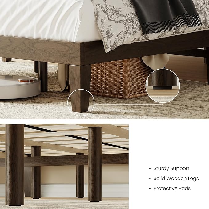 Queen Size Wood Platform Bed Frame, 12 Inch Solid Wood Bed Frame with Wooden Slats, No Box Spring Needed, Easy Assembly,Espresso