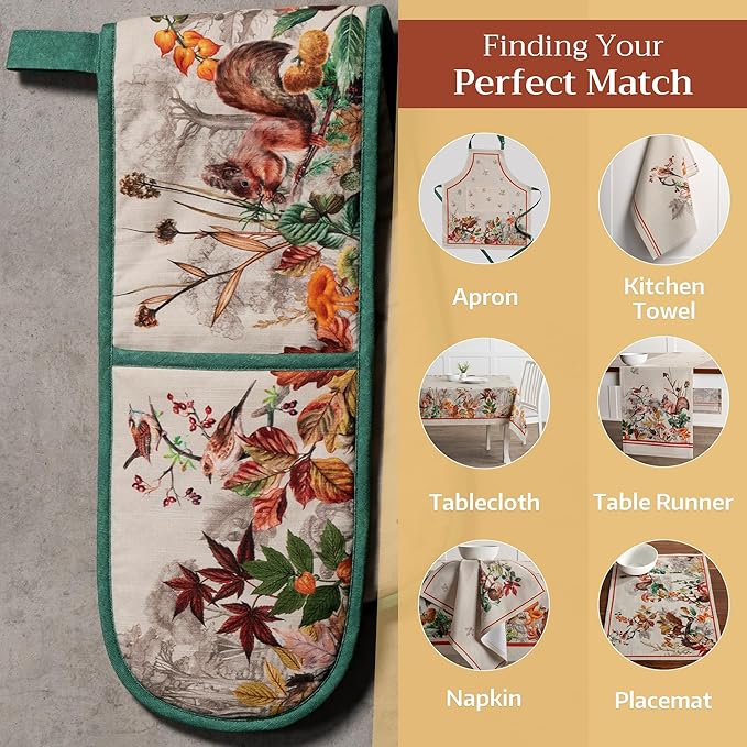 Maison d' Hermine Double Oven Mitt (7" x 35") 100% Cotton Heat Resistant BBQ Cooking Gloves with Loop for Thanksgiving Christmas Decorations Baking Cooking Barbeque Handling Hot Pan (Recolte)