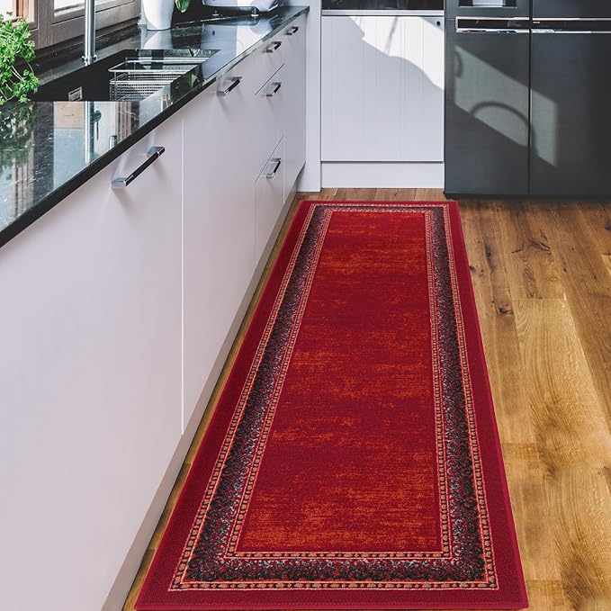 Antep Rugs Alfombras Bordered Modern 2x5 Non-Slip (Non-Skid) Low Pile Rubber Backing Kitchen Area Runner Rug (Maroon Red, 2' x 5')