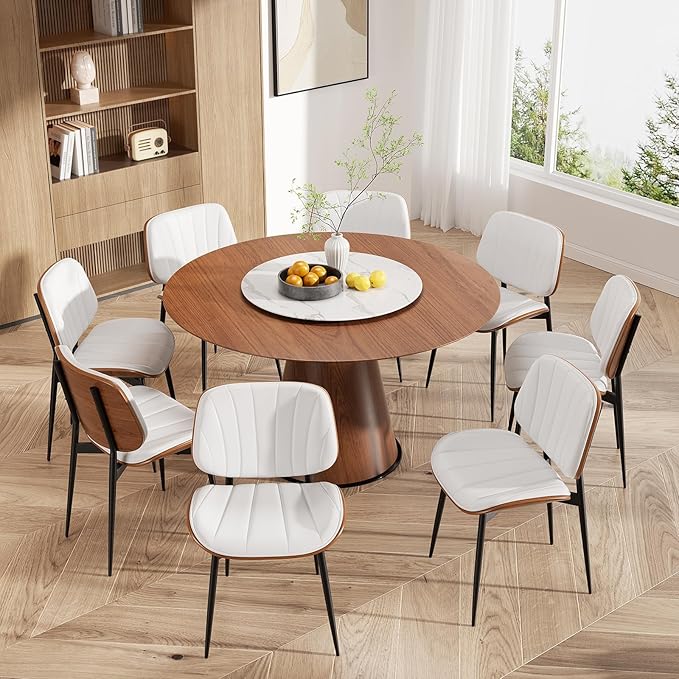 Dining Chairs Set of 6, Mid Century Modern Dining Room Chair, Upholstered Faux Leather Kitchen Chairs with Walnut Bentwood Back and Metal Legs for Kitchen Dining Room Living Room, White