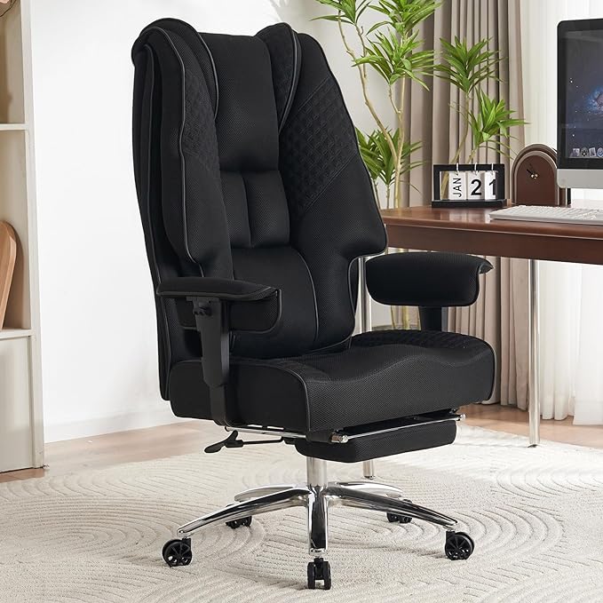 Big and Tall Office Chair 400lbs Wide Seat, Leather High Back Executive Office Chair with Foot Rest, Ergonomic Chairs Lumbar Support for Lower Back Pain Relief (Mesh Black)