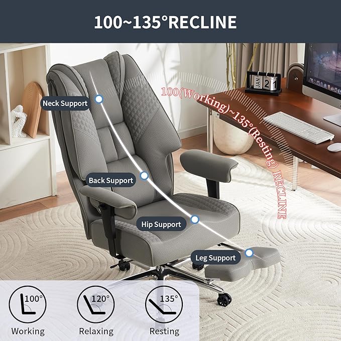 Big and Tall Office Chair with Footrest, PU Leather High Back Executive Office Chair 400lbs, Ergonomic Computer Chairs Lumbar Support for Heavy People (Mesh Grey)
