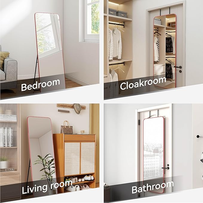 57x20 Door Hanging Full Length Mirror, Floor Stand (Height 5.7ft just Body in1.3ft) Wall Mounted Metal Frame Rectangle Dressing Mirrors for Bedroom Room 57 inch Pink Rose Gold