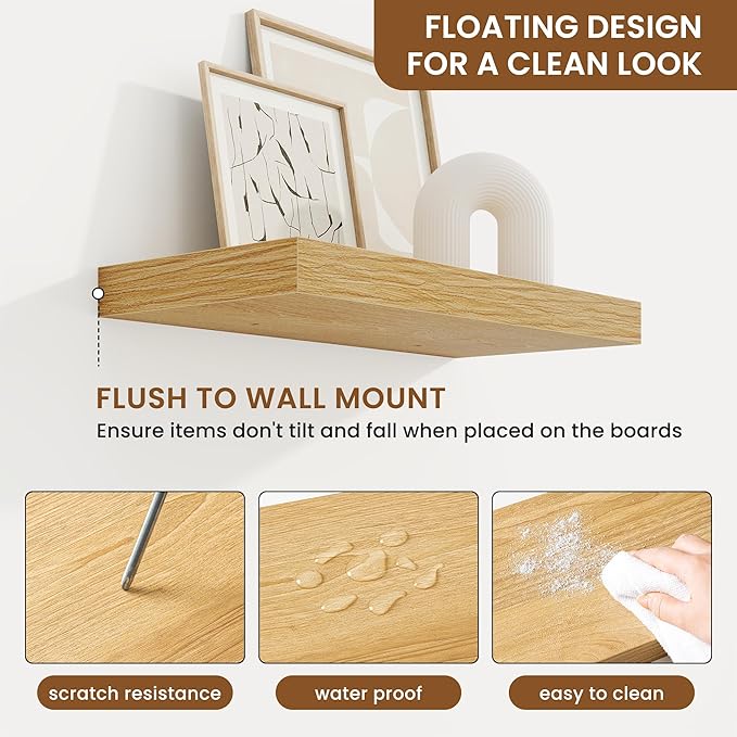 fuqing Floating Shelves for Wall, Wall Mounted Wood Floating Shelf with Invisible Brackets for Living Room, Bathroom, Bedroom, Kitchen Storage and Decor, 16 Inch Set of 2, Oak
