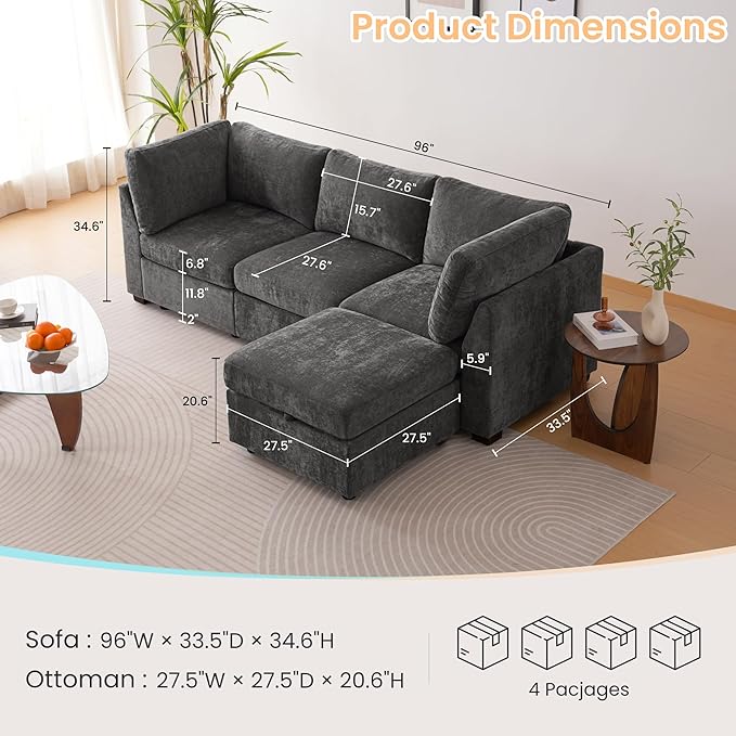 TEKAMON 96" Modular Sectional Sofa,Large Comfy Cloud 3-Seat Deep Seat, Reversible Chaise Modular Sectional Couches for Living Room and Apartmenr,Grey