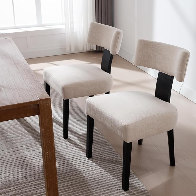 Linen Dining Chairs Set of 2 Modern Dining Chair with Black Wood Legs, Upholstered Dining Chairs for Dining Room, Kitchen, Vanity, Living Room, Beige