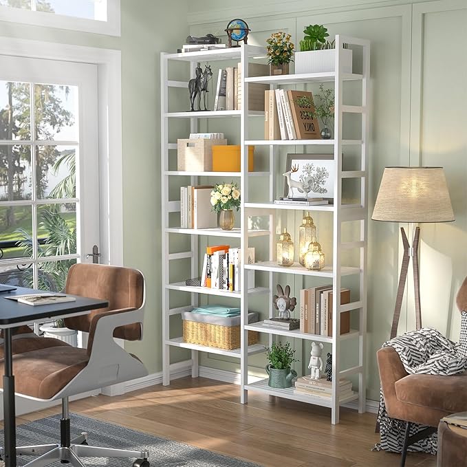 Homykic Double Wide Bamboo Bookshelf White, 6-Tier Large Open Bookcase with 12 Display Shelves, 6ft Tall Freestanding Book Shelf for Home Office, Bedroom, Living Room, Plants