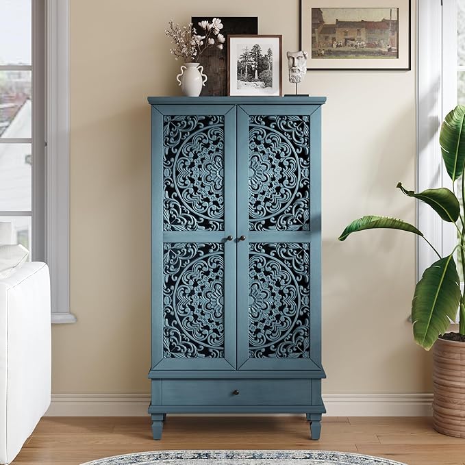 Rustic 55'' Tall Storage Cabinet with 2 Hollow-Carved Doors a Drawer, Wood Accent Cabinet with Solid Wood Legs for Living Room, Hallway, Dining Room (Antique Blue-T)