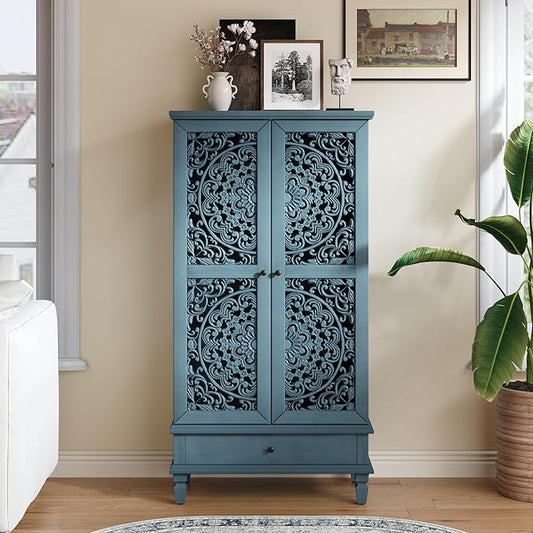 Rustic 55'' Tall Storage Cabinet with 2 Hollow-Carved Doors a Drawer, Wood Accent Cabinet with Solid Wood Legs for Living Room, Hallway, Dining Room (Antique Blue-T)