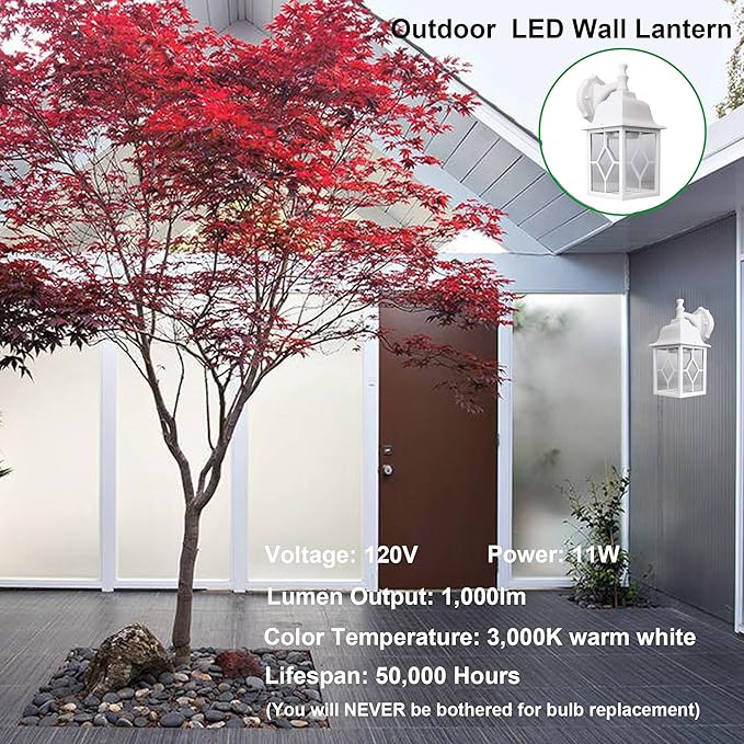 LIT-PaTH Outdoor LED Wall Lantern, White Large Exterior Wall Light Fixture, 3000K Warm White, 11W 1000 Lumen, Anti-Rust Aluminum Porch Lighting for Outside, Patio, Garage, 1 Pack