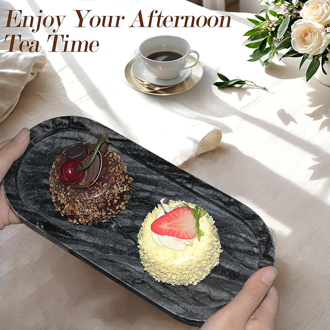 100% Real Natural Marble Tray for Bathroom, Luxury Ancient Wood Grain Stone Vanity Tray, Decorative Oval Trays for Countertop Storage Organizer, Vanity Dresser Kitchen Home Decor, Black