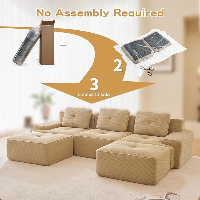 115.3'' Sectional Sofa, 32D Foam Corduroy Boneless Couch with Pillow, Deep Seat Wide Arm Sectional U Shaped Couch for Living Room, Apartment, Bedroom