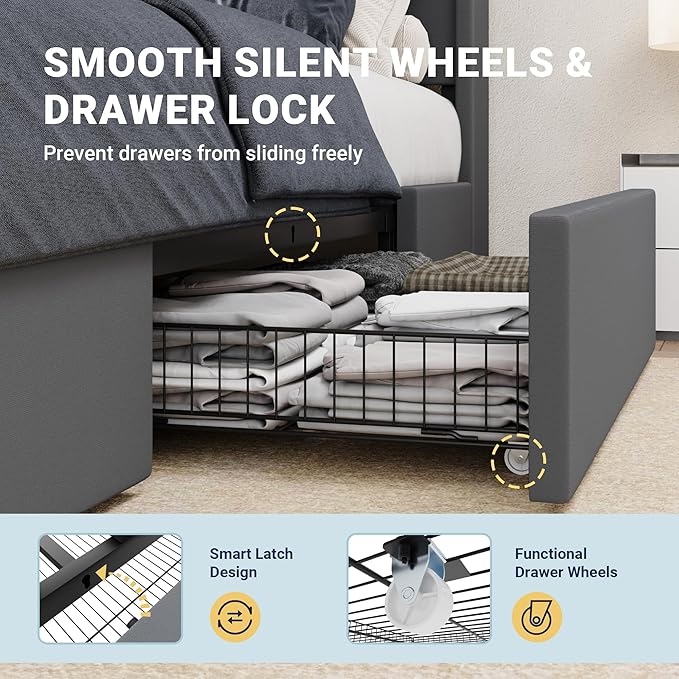 Allewie Full Size Velvet Bed Frame with 3 Storage Drawers, Upholstered Platform Bed with Wingback Storage Headboard and USB Ports, No Box Spring Needed, Easy Assembly, Grey