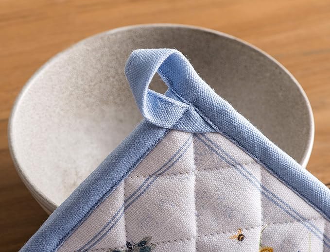 Maison d' Hermine 100% Cotton Oven Mitt & Pot Holder Set (7.5"x13" & 8"x8") Heat Resistant BBQ Cooking Gloves with Loop, Baking, Grilling, Kitchen, Handling Hot Pans Spring/Summer (Fleurs De Mai)