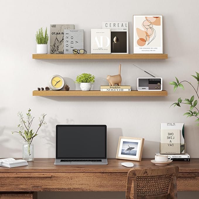 Heimlove 36 Inch Floating Shelves for Wall,Mounted Storage & Display Wood Shelves with Invisible Brackets,Hanging Shelf for Bedroom Living Room Kitchen Office,Set of 2,Oak Color