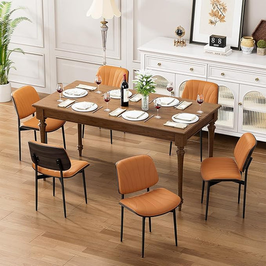 Dining Chairs Set of 6, Mid Century Modern Dining Room and Kitchen Chairs, Upholstered PU Leather Chairs with Walnut Bentwood and Metal Legs, Orange