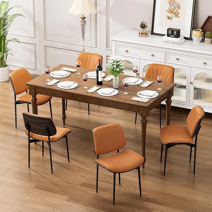Dining Chairs Set of 4, Mid Century Modern Dining Room and Kitchen Chairs, Upholstered PU Leather Chairs with Walnut Bentwood and Metal Legs, Orange