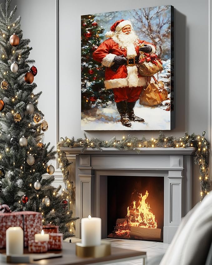 Vintage Santa Claus Christmas Canvas Wall Art - Festive Holiday Painting for Living Room,Bedroom & Bathroom, Cozy Winter Decor Framed Print, Perfect Christmas Gifts & Home Decoration
