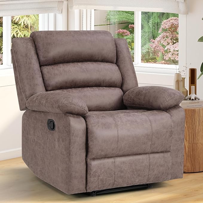 ANJ Recliner Chair, Overstuffed Manual Living Room Reclining Chair in Breathable Faux Leather