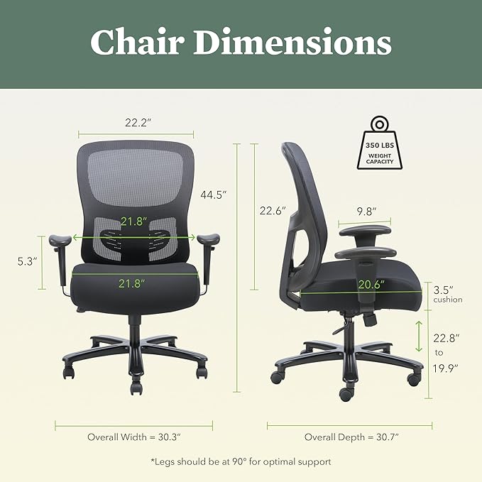 HON Sadie Big and Tall Office Chair, Ergonomic Desk Chair with Mesh Back, Lumbar Support, 350 lb Max, Black