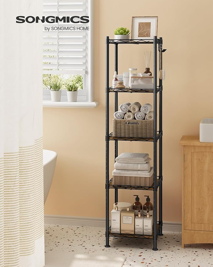 SONGMICS 5-Tier Bathroom Shelf, Storage Rack for Small Space, with 5 PP Shelf Liners, Removable Hook, Extendable Design, Ink Black and Rustic Brown ULGR023B02