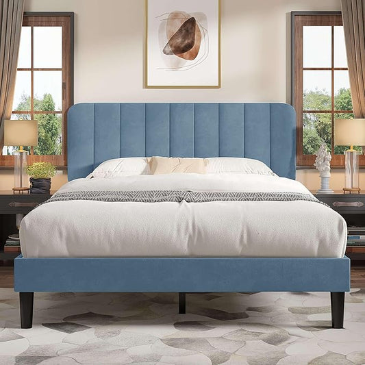 VECELO Queen Size Bed Frame with Upholstered Headboard, Velvet Platform Bedframe Mattress Foundation, Strong Wood Slat Support, No Box Spring Needed,Sky Blue