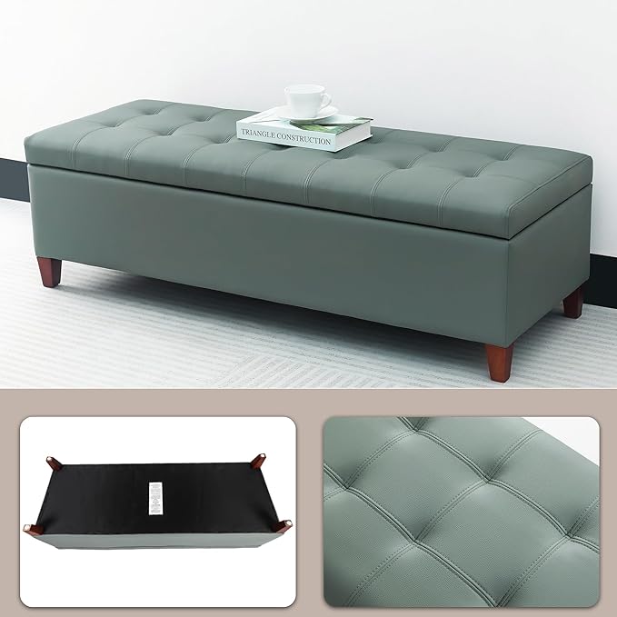 Joveco 51 Inch Storage Ottoman Bench,Tufted Leather Storage Bench for Bedroom (51”,Gray Green)