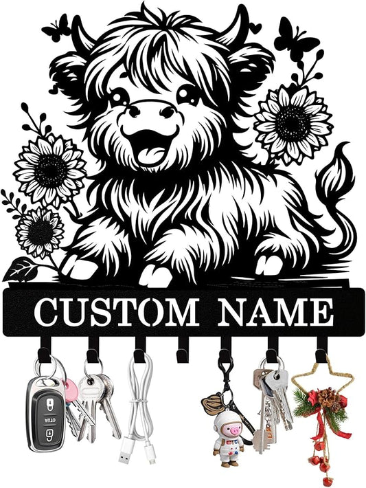 Personalized Highland Cow Key Holder Wall Mount, Custom Metal Keys Hanger for Wall with Name, Custom Key Rack Holder with Hooks for Home, Entryway, Front Door, Living Room, Kitchen, Bathroom