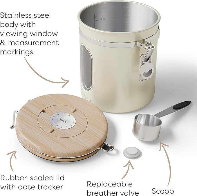 Veken Coffee Canister with Window, Airtight Stainless Steel Kitchen Food Storage Container with Lids, Date Tracker and Scoop for Grounds Coffee, Beans, Tea, Flour, Cereal, Sugar Jars, 16OZ, Cream