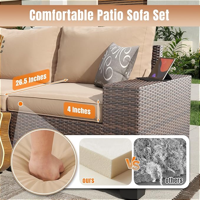 Aoxun 13 Pieces Patio Furniture Set with 44” Fire Pit Table Wicker Rattan Outdoor Sectional Conversation Set with Coffee Table and 4” Thickened Cushions, Beige (Waterproof Cover Included)