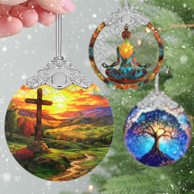 Christian Christmas Ornaments, 3" Stained Glass Christmas Decor, Cross Ornaments for Christmas Tree, Christmas Tree Decorations, Christian Gifts, Religious Gifts, Perfect for Tree, Window, Home Decor