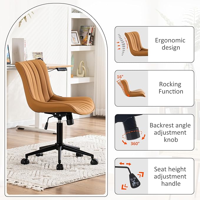 Kidol & Shellder Tan Leather Home Office Desk Chair with Wheels Modern Cute Armless Executive Swivel Vanity Chair with Comfy Padded Back Ergonomic Rolling Adjustable Computer Task Chair Small