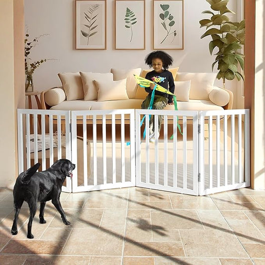 ZJSF Freestanding Indoor Dog Gate for House Foldable Wood White Puppy Gate for Doorways Pet Gate for Stairs Extra Wide Pet Fence 24" Height 4 Panels