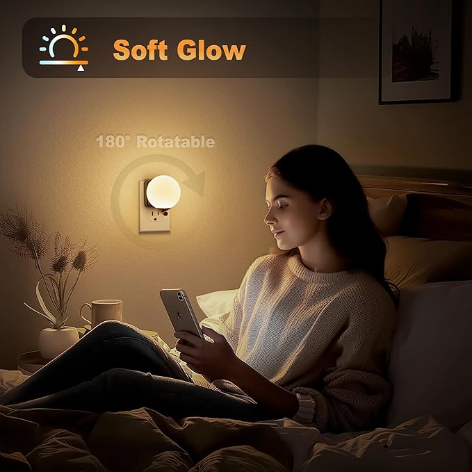 JandCase LED Night Light, 3000K Warm Night Lights Plug into Wall [2 Pack], 0-100LM Dimmable Night Lights with Dusk to Dawn Light Sensor, Plug in Nightlights for Bathroom Bedroom