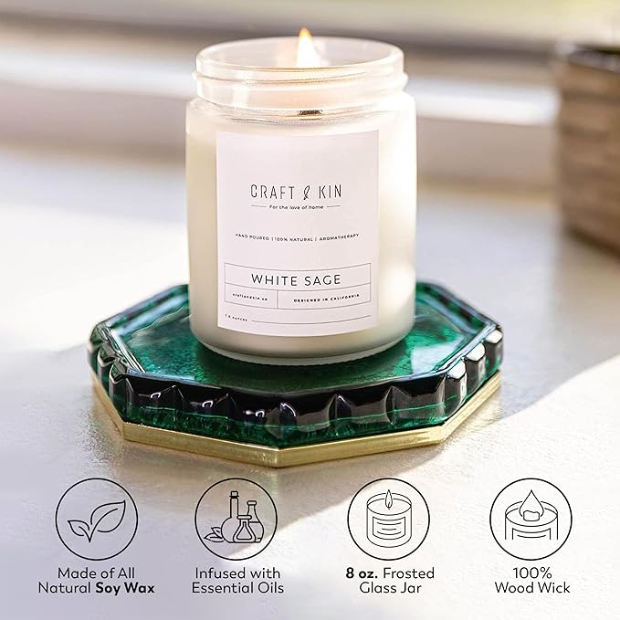 Craft & Kin White Sage Christmas Scented Candles for Cleansing | 8 Oz 45 Hour Long Lasting Holiday Candle | Classic Soy Woodwick Winter Candles | Made with Natural Soy | Gifts for Men and Women