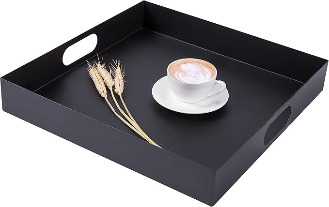MyGift 16 Inch Square Serving Tray, Modern Matte Black Metal Breakfast and Decorative Ottoman Tray with Oval Cutout Handles