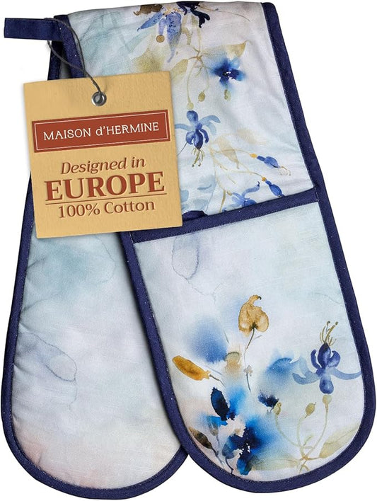Maison d' Hermine Double Oven Mitts 100% Cotton 7"x35" Double Oven Mitt Heat Resistant BBQ Cooking Gloves with Loop, Baking, Grilling, Home, Kitchen, Handling Hot Pans Spring Summer (Lazy Summer Days)