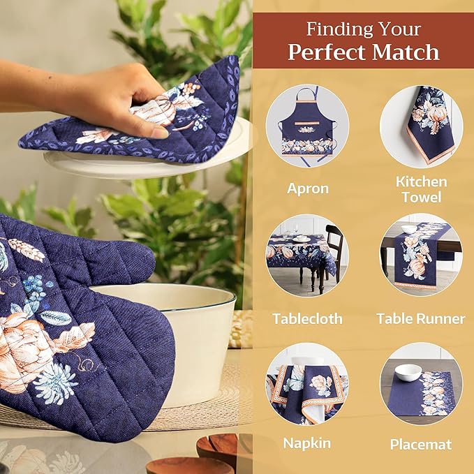 Maison d' Hermine Pot Holders Set 100% Cotton Heat Resistant Potholders 8" x 8" Hot Pads with Loop for Thanksgiving Christmas Decorations BBQ Baking Handling Hot Pans (Pack of 2, Pumpkin Blues)