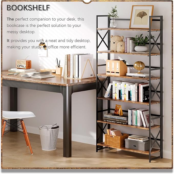 4NM Extra Wide 6 Tiers No Assembly Book Shelves, 61.8" H Folding Bookshelf Bookcase Open Industrial Foldable Shelves for Bedroom, Living Room, Home Office - Rustic Brown Black