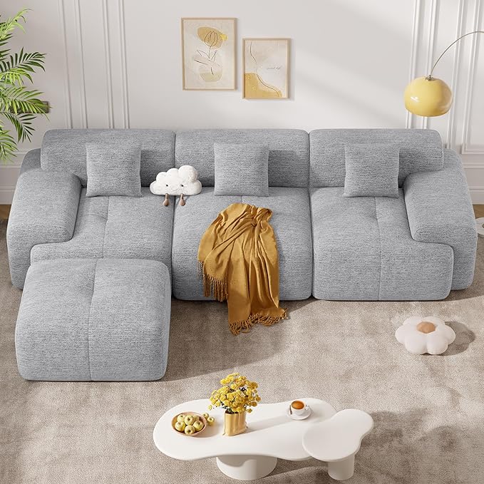 122" Modern Boneless Couches for Living Room, Convertible L Shaped Modular Sectional Sofa,4 Seater Cloud Couch Sofa Set, Light Grey 1 PCS