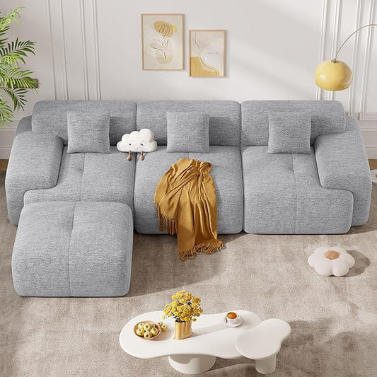 122" Modern Boneless Couches for Living Room, Convertible L Shaped Modular Sectional Sofa,4 Seater Cloud Couch Sofa Set, Light Grey 1 PCS