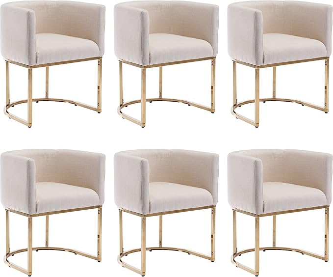 Linen Fabric Dining Chairs Set of 6 Modern Barrel Arm Chairs with Golden Frame, Upholstered Kitchen Chairs 18.5" Wide Accent Chairs for Living Room Dining Room Restaurant, Cream