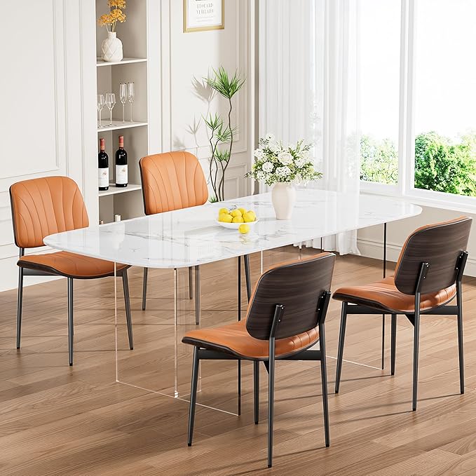 Dining Chairs Set of 8, Mid-Century Modern Upholstered PU Leather Chairs with Walnut Back and Metal Legs Adjustable Feet for Kitchen Dining Room, Orange Shell Strips