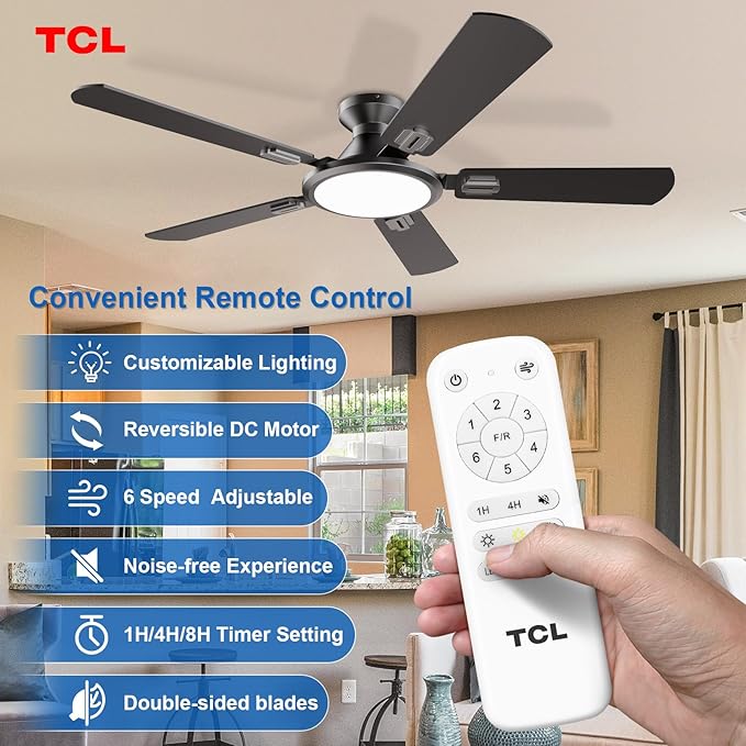 TCL Ceiling Fans with Lights, 52 Inch Low Profile Ceiling Fan with Light and Remote Control, Flush Mount, DC Reversible Motor, Noiseless, 6 Speeds Ceiling Fan for Bedroom (Black)