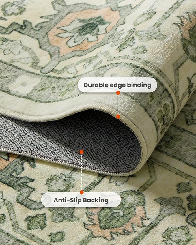 AMADA HOMEFURNISHING 9x12 Area Rug, Washable Low-Profile Large Area Rug with Non-Slip Backing & Durable Edge Binding, Vintage Large Rugs for Living Room, Bedroom