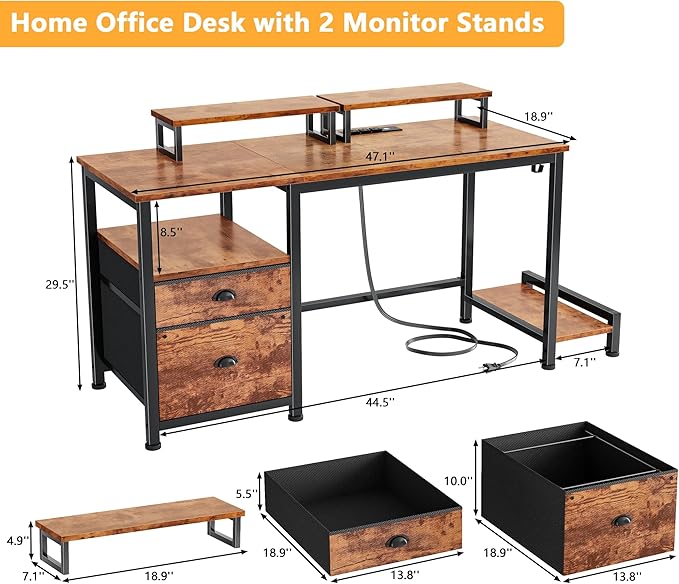 Furologee 47" Computer Desk with File Cabinet and Power Outlets, Home Office Desk with 2 Monitor Stands and Storage Drawer, Writing Gaming Table with Shelves and 2 Hooks for Bedroom, Rustic Brown