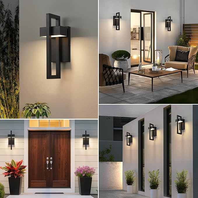 tewei 16.5'' Modern LED Outdoor Wall Sconce, Integrated LED Outdoor Light Fixtures Wall Mount Exterior Lights, Black Front Porch Outside Lighting for House, Backyard, Warm White 3000K, 2 Pack