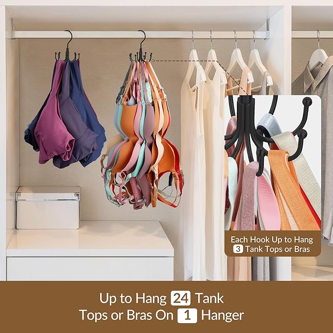 ZEDODIER Tank Top Hanger, Rotatable Bra Organzier for Closet, Max 24 Storage Capacity Sport Bras Holder, Metal Space Saving Closet Organizers and Storage, Black